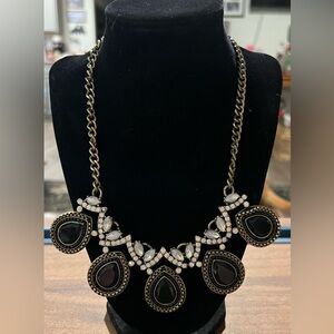 J. Crew Black Rhinestone Teardrop Gold Tone Chain Opalescent Statement Necklace